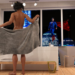 3d 3d_(artwork) back_to_viewer back_view boots cape clark_kent dc dc_comics diana_prince flying herohedonism indoors looking_in_window nude nude_female superman superman_(series) towel winterjoshuar wonder_woman wonder_woman_(series)