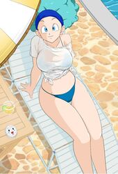 1girls afro bikini bikini_bottom blue_hair breasts bulma_(afro) bulma_briefs caisama dragon_ball dragon_ball_z female female_only huge_breasts looking_at_viewer pool see-through_top shounen_jump solo solo_female string_bikini swimsuit thick_thighs