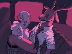 4:3 absurd_res anthro antlers ass beastars big_breasts bodily_fluids breasts brown_body brown_fur car cervid clothed clothing digital_media_(artwork) dripping duo erection female fur genital_fluids genitals hi_res horn hot_dogging kyuu_(beastars) lagomorph leporid louis_(beastars) male male/female mammal nipples nozabii pants_down partially_clothed penis precum precum_drip rabbit sex shirt smile tank_top thick_thighs topwear vehicle wide_hips