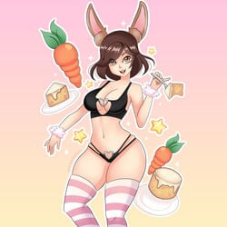 1girls animal_ears anthro big_breasts breasts brown_eyes brown_hair bunny_ayumi cleavage human legwear thick_thighs thighs twitch twitch.tv