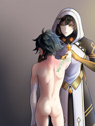 2boys adeptus adult archons ass celsiorbsr clothed_male_nude_male clothing gay genshin_impact naked nude_male size_difference tattoo xiao_(genshin_impact) zhongli_(genshin_impact)