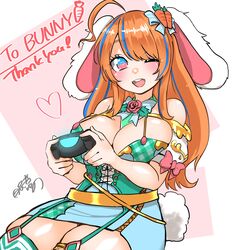 1girls blush breasts bunny_ears bunny_gif cleavage english_text female female_only game_controller hair_ornament heart heart-shaped_pupils indie_virtual_youtuber long_hair one_eye_closed orange_hair purple_eyes skirt solo text thighs virtual_youtuber