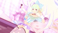 alice_hiiragi atlus big_breasts breasts choker cuffs_(clothing) goth goth_girl gothic_lolita kaoskatsu lolita_fashion looking_at_viewer megami_tensei microphone miniskirt pastel pastel_girl pastel_goth pastel_hair persona persona_5 persona_5_scramble:_the_phantom_strikers pussy skirt stockings two_tone_hair underboob