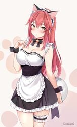 2d bell blush bow bowtie cat_ears catgirl choker cleavage dress female female_only garter kaetzchen long_hair maid maid_apron maid_headdress maid_uniform pink_background red_hair sidelocks simple_background skirt solo solo_female thigh_strap wrist_cuffs yellow_eyes