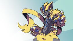 16:9 2018 abs anthro breasts claws edit fangs felid female fur furry furry_only green_eyes hi_res legendary_pokémon looking_at_viewer mammal muscular muscular_anthro muscular_female navel nintendo nipples open_mouth open_smile plague_of_gripes pokémon_(species) pokémorph pokemon pseudo_clothing simple_background smile solo video_games widescreen zeraora