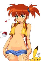 1girls asymmetrical_hair bangs bare_shoulders breasts brown_hair clavicle cleavage clothing crop_top eyebrows_visible_through_hair female female_focus green_eyes groin hair_between_eyes heart hi_res hips kasumi_(pokemon) micro_shorts navel nintendo no_bra open_clothes optionaltypo orange_hair pikachu pokémon_(species) poke_ball pokemon ponytail short_hair short_shorts shorts shorts_pull side_ponytail small_breasts solo stomach suspenders thigh_gap thighs tied_hair tongue tongue_out typo_(requiemdusk) unbuttoned undressing unzipped