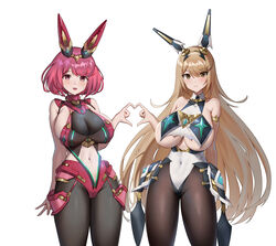 2girls arm_band bangs bare_shoulders blonde_hair blush breasts bunnysuit colored gem hand_heart huge_breasts jingb_dx latex leggings long_hair looking_at_viewer mythra navel nintendo pyra red_eyes red_hair short_hair sideboob smile smiling_at_viewer swept_bangs tagme technology thick_thighs thighs underboob white_background xenoblade_(series) xenoblade_chronicles_2 yellow_eyes