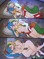 2girls blonde_hair blue_hair blush closed_eyes clothing dragon_quest dragon_quest_xi female_only fingering fingering_partner fingering_pussy hugging kissing kissing_neck long_hair loutaniart medium_breasts mia_(dq11) multiple_girls nude serena_(dq11) shorts square_enix yuri