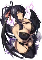 akeno_himejima artist_name big_breasts cleavage garter_belt garter_straps hair hair_ornament hair_ribbon high_school_dxd holding_breast large_breasts lingerie long_hair looking_at_viewer looking_up packge ponytail seductive seductive_eyes seductive_look seductive_smile stockings white_background