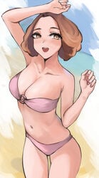 1girls arm_up atlus bikini brown_hair haru_okumura nero_watch persona persona_5 short_hair smile solo swimsuit