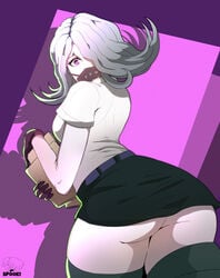 artist_name ass ass_cheeks ass_focus ass_up behind belt black_stockings black_thighhighs breasts butt comission danganronpa danganronpa_(series) danganronpa_3 digital_media_(artwork) gloves grey_hair holding_object kimura_seiko looking_at_viewer mask miniskirt posing purple_background purple_belt purple_eyes purple_gloves purple_hair shadow short_hair short_skirt short_sleeves simple_background solo solo_female solo_focus spookiarts stockings straight_hair tagme thick_thighs thighhighs thighs watermark white_shirt