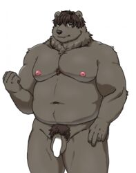 2021 anthro balls belly black_body black_fur black_nose censored flaccid fur genitals hi_res humanoid_genitalia humanoid_hands humanoid_penis kemono male mammal maron2475 moobs navel nipples overweight overweight_male penis pubes simple_background solo ursid white_background