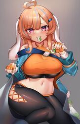 1girls animal_ears breasts bunny_ears bunny_gif candy clothed clothing female female_only fingerless_gloves front_view gloves indie_virtual_youtuber kaptivate navel orange_gloves orange_hair purple_eyes smile solo streamer virtual_youtuber wide_hips