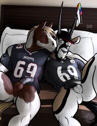 2boys antelope anthro ass balls bed bedroom bgn black_body black_fur black_penis blonde_hair bottomless bovid brown_body brown_fur clothing duo equid equine football_jersey fur furniture gay genitals grazing_antelope hair half-erect half_naked hat headgear headwear horn horse humanoid_genitalia humanoid_penis jamie_the_oryx jockstrap kissing kissing_cheek looking_at_viewer male male/male male_only mammal multicolored_body multicolored_fur muscular muscular_anthro muscular_male muscular_thighs new_england_patriots nfl one_eye_closed oryx partially_clothed penis pittsburgh_steelers pride_color_clothing pride_colors rainbow smile tan_body tan_fur underwear white_body white_fur wink yaoi