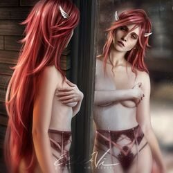 1girls bare_shoulders collarbone cordelia_(fire_emblem) covering_breasts eldervi fire_emblem fire_emblem_awakening freckles garter_belt hair_between_eyes hair_in_mouth lips long_hair medium_breasts mirror nintendo panties realistic red_eyes red_hair red_panties reflection solo source_request topless very_long_hair