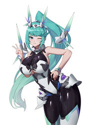 1girls armor bangs blush bowtie breasts bunnysuit colored exposed_shoulders female gem green_eyes green_hair hand_on_hip huge_breasts jingb_dx latex long_hair looking_at_viewer nintendo peace_sign pneuma ponytail smile solo swept_bangs tagme technology thick_thighs thighs tiara v wink winking winking_at_viewer xenoblade_(series) xenoblade_chronicles_2