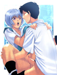 1boy 1boy1girl 1girls clothed_sex clothing homare_(fool's_art) neon_genesis_evangelion panties pubic_hair pussy rei_ayanami school_uniform shinji_ikari tagme