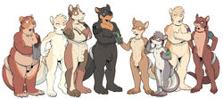 2020 4boys 4girls animal_genitalia anthro armband balls biped brown_body brown_fur brown_nose casual casual_nudity crossed_arms eye_patch eyewear female fully_sheathed fur furry furry_only genitals geroo glasses grey_body grey_fur group hayven_celestia hi_res holding_object humanoid jewelry male mammal naked necklace nude paws pussy rick_griffin sheath simple_background slightly_chubby tail white_background white_body white_fur