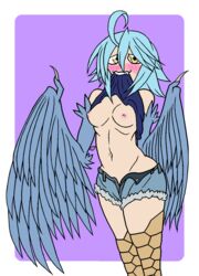 animal_humanoid avian avian_humanoid blue_body blue_feathers blue_hair blue_wings blush bottomwear breasts clothed clothing clothing_lift ecn13000 feathers female hair harpy harpy_humanoid hi_res humanoid looking_at_viewer monster_girl monster_girl_(genre) monster_musume_no_iru_nichijou mythological_avian nipples papi_(monster_musume) shirt_in_mouth short_hair shorts solo winged_arms wings yellow_eyes