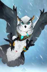 4_toes animal_genitalia anisodactyl anklet avian beak bird blue_eyes cloaca clothed clothed_feral clothing elicitie feathered_wings feathers feet female feral genitals hi_res jewelry looking_at_viewer necklace owl snow solo sora_(elicitie) spread_wings toes white_body white_feathers wings