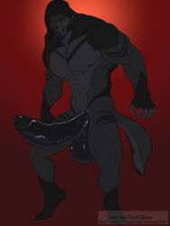 3:4 absurd_res animal_humanoid anthro balls big_bad_wolf big_bad_wolf_(fenrir_osbone) big_balls big_penis black_balls black_nipples black_penis canid canine canis claws dark_body dark_fur digital_media_(artwork) erection fenrir_osbone fur genitals glistening glistening_genitalia glistening_penis hair hi_res humanoid humanoid_face humanoid_genitalia humanoid_penis hybrid little_red_riding_hood_(copyright) male male_focus male_only mammal mammal_humanoid muscular muscular_anthro muscular_male nipples nude penis piercing simple_background smile solo text tongue url were werecanid werecanine werewolf wolf