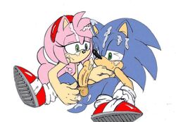 5_fingers amy_rose anthro blue_body blue_fur bodily_fluids breasts clothing cum cum_in_mouth cum_inside duo eulipotyphlan eyelashes female fingers fur genital_fluids genitals gloves green_eyes handwear hedgehog male male/female mammal mostly_nude penis pink_body pink_fur randomguy999 sega simple_background sonic_(series) sonic_the_hedgehog sonic_the_hedgehog_(series)