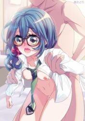 1boy asahi_rokka bang_dream! blue_hair glasses grabbing green_eyes school_uniform sex