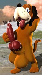 3d_(artwork) 9:16 animal balls beagle big_balls big_penis bodily_fluids canid canine canis cum digital_media_(artwork) domestic_dog duck_hunt duck_hunt_dog feral genital_fluids genitals hi_res huge_balls huge_cock hunting_dog knot leaning male mammal nintendo penis scent_hound smug solo thatfauxfox video_games