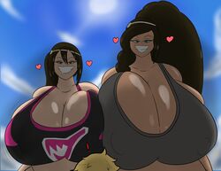 1boy 2021 2girls alternate_breast_size big_breasts bikini bikini_top black_hair breast_squish breasts female heart highres huge_breasts hyper_breasts igphhangout larger_female male milf mother mother_and_daughter nintendo pokemon smaller_male sunny tagme tan tan_skin team_yell trainer_go's_mom_(igph) trainer_go_(igph)