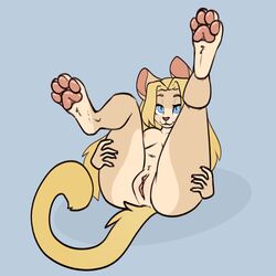 1:1 2021 anthro blonde_hair blue_eyes breasts cheese_quesadilla felid female genitals grey_background hair hand_on_leg hand_on_thigh hi_res itsspoopsb long_hair mammal navel nipples nude pawpads presenting presenting_pussy pussy simple_background smile solo