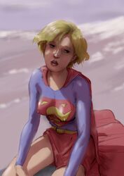 1girls alternate_hairstyle blonde_hair bodysuit cape clothed dc erect_nipples erection_under_clothes exhausted female kara_danvers lips medium_breasts pistaccio short_hair sitting skin_tight solo supergirl superheroine