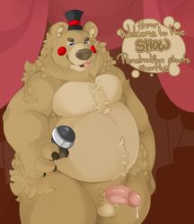 ! 1boy animatronic balls bear belly blue_eyes brown_body brown_fur brown_nose brown_skin cotton_tail cum cum_drip cum_leaking english_text five_nights_at_freddy's five_nights_at_freddy's_2 fluffy fluffy_tail frots fur half-closed_eyes hat headgear headwear holding_microphone looking_at_viewer male male_only penile penis smile smiling smiling_at_viewer solo solo_male sweat sweaty sweaty_penis testicles text tongue tongue_out top_hat toy_freddy_(fnaf) two_tone_body two_tone_fur two_tone_skin vein veins veiny veiny_penis