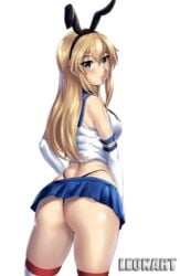 1girls ass big_ass big_butt blonde_hair blush breasts bunny_ears eye_contact female kantai_collection leonart long_hair looking_at_viewer medium_breasts shimakaze_(kantai_collection) skirt solo_female standing stockings thick_thighs thighs thong white_background