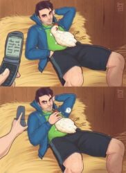 2boys ? barn black_hair chicken fully_clothed funny green_eyes hand_behind_head hay hiding_penis humor lying_on_back male male_only meme miserdirt no_sex phone_screen self_upload sfw shane_(stardew_valley) shorts stardew_valley stubble text_message