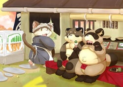 2012 anthro apron asian_clothing balls belly bodily_fluids brown_body canid canine closed_eyes clothing detailed_background domestic_cat east_asian_clothing eating felid feline felis food fundoshi genitals group japanese_clothing kemono male mammal moobs one_eye_closed outside overweight overweight_male raccoon_dog red_clothing red_fundoshi red_underwear rodemaru sitting sweat tanuki underwear wink young