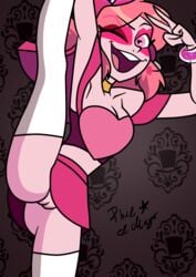 cartoon_network clothing female female_only leg_up miniskirt miss_heed_(villainous) no_panties philelmago pink_body pink_eyes pink_hair pink_skirt pose pussy skirt skirt_lift solo_female superheroine tagme villainous white_legwear