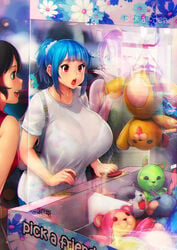 3girls against_glass arcade arcade_cabinet bag bakunyuu bangs black_hair blue_eyes blue_hair bra_visible_through_clothes breasts bursting_breasts busty cleavage controller crane_game curvaceous curvy enormous_breasts errorkazoo female glass handbag hi_res high_ponytail high_resolution highres huge_breasts joystick medium_hair multiple_girls open_mouth original original_character playing_games red_eyes rina_atherina_(errorkazoo) see-through see-through_clothing shirt short_hair short_sleeves stuffed_animal stuffed_toy surprise surprised_expression top_heavy voluptuous white_shirt