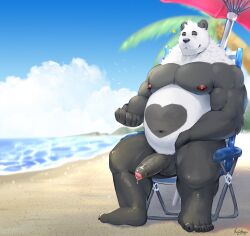 2022 anthro balls beach belly big_belly black_body bodily_fluids detailed_background genital_fluids genitals giant_panda hi_res humanoid_genitalia humanoid_hands humanoid_penis kajin-sama male mammal moobs navel nipples one_eye_closed outside overweight overweight_male palm_tree penis plant precum scar seaside sitting solo tree ursid water white_body wink