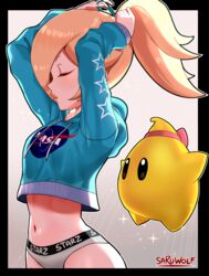 1girls blonde_hair crop_top cute female luma mario_(series) nasa panties ponytail princess_rosalina sarukaiwolf solo sports_panties sportswear super_mario_galaxy sweater