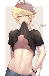 1boy 2021 aether_(genshin_impact) ahoge artist_name black_shirt blonde_hair bracelet braid brown_background casual clothing earrings eyebrows_visible_through_hair genshin_impact groin hair_between_eyes hand_on_waist highres jewelry lifted_by_self long_hair long_ponytail looking_at_viewer male male_only midriff mouth_hold nasaniliu navel pants pants_pull ponytail shadow shirt shirt_lift signature simple_background single_braid single_earring solo standing stomach stomach_tattoo tassel tassel_earrings tattoo teeth toned toned_male undressing very_long_hair white_background white_border yellow_eyes