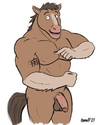 4:5 anthro arm_tattoo balls clyde_(nanoff) clydesdale draft_horse equid equine flexing_bicep foreskin genitals gesture horse looking_at_viewer male mammal muscular muscular_male nanoff nude penis pointing pointing_at_self smile solo tattoo uncut