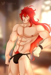 1boy abs bara big_balls big_penis black_underwear bulge cum cum_on_penis diluc_(genshin_impact) gay genshin_impact hairy hairy_male jockstrap long_hair long_penis male male_only muscular muscular_male nesteruk nipples red_eyes red_hair underwear undies white_skin yaoi