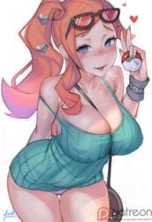 1girls alternate_breast_size aqua_nails big_breasts blush breasts cleavage eyewear_on_head female female_only gtunver hourglass_figure huge_breasts human human_only large_breasts looking_at_viewer nail_polish panties pokemon pokemon_ss solo sonia_(pokemon) sunglasses_on_head