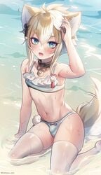 1boy 1femboy adult androgynous bikini blue_eyes blush bulge choker dog_ears dog_tail dogboy femboy femboy_only genshin_impact gorou_(genshin_impact) haruya_(lajoon) male male_only midriff multicolored_hair navel orange_hair penis_under_clothes revealing_clothes solo solo_focus solo_male swimsuit thick_thighs thighhighs thighs tight_clothing trap wet white_hair