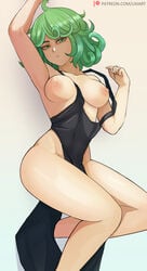 1girls areolae armpits arms_above_head breasts female green_eyes green_hair lixiart looking_at_viewer medium_breasts nipples one-punch_man partially_clothed short_hair tatsumaki thick_thighs thighs wide_hips