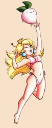 1girls bikini blonde_hair blue_eyes crown earrings female female_only jumping lipstick long_hair mario_(series) navel neurithforge nintendo one_eye_closed pink_bikini pink_swimsuit plain_background princess_peach smile solo super_mario_bros._2 swimsuit turnip