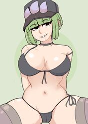 1girls bikini black_eyes breasts cap choker cleavage curvy female female_only green_hair hat large_breasts lewddragon5 looking_at_viewer maximumwarp navel off_shoulder original original_character ragingbarbarians short_hair sitting smile solo spread_legs terri_(ragingbarbarians) thighhighs