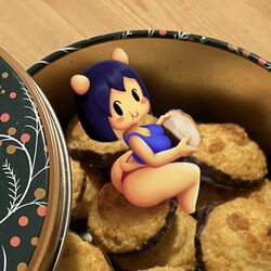 adorable ass black_hair blush breasts butt_crack cookie cropped cute eating food horn horns hungry looking_at_viewer looking_back mob_face panties shy_ayu sitting tail thick_ass thick_thighs thighs thong wholesome yopy yuh_(yopy)