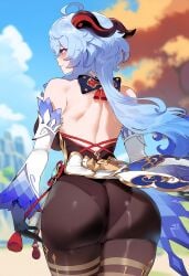 ai_generated artist_request bikini blue_hair blush breasts dark-skinned_male feet female ganyu_(genshin_impact) genshin_impact huge_breasts juuicyai massive_ass massive_breasts purple_eyes sweat