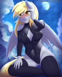 1girls anthro bare_shoulders black_legwear black_thighhighs blonde_mane blush cleavage_cutout color colored cross-eyed derpy_hooves detached_sleeves equid equine eyelashes female friendship_is_magic grey_fur mane moon my_little_pony night patreon pegasus smile stockings tagme tail thighhighs twistedscarlett60 wings yellow_eyes